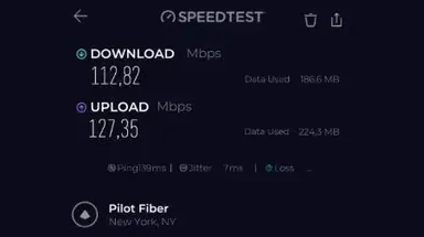 NordVPN Speedtest by Ookla Windows app result for New York server using Automatic protocol