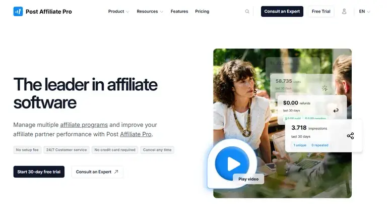 Post Affiliate Pro homepage screenshot