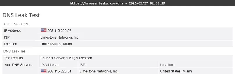 PureVPN BrowserLeaks DNS leak test screenshot