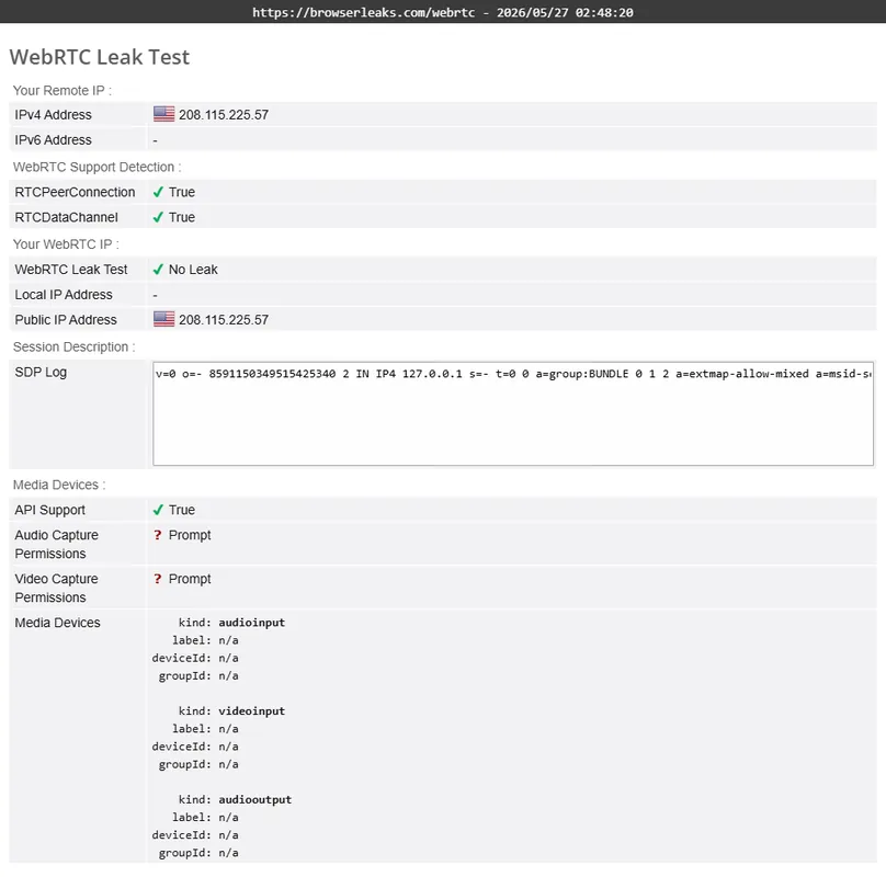 PureVPN BrowserLeaks WebRTC leak test screenshot