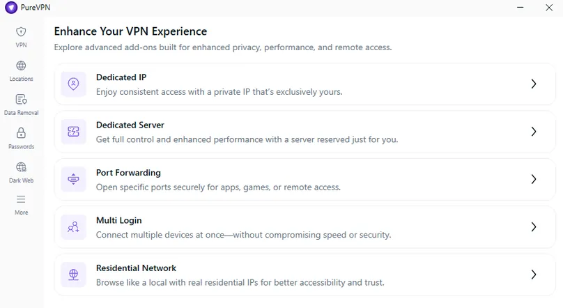 PureVPN in-app screenshot of add-ons section
