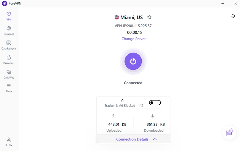 PureVPN in-app screenshot showing VPN connected