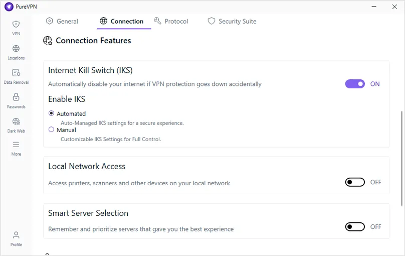 PureVPN in-app screenshot of kill switch settings