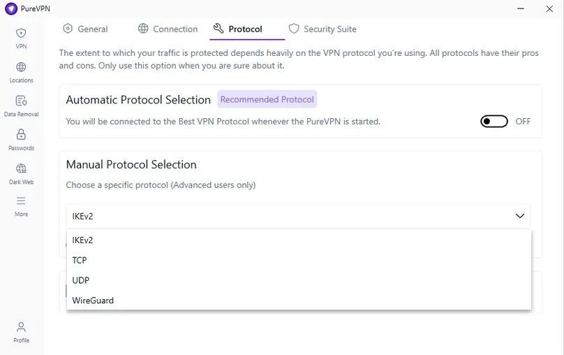 PureVPN in-app screenshot of protocol settings