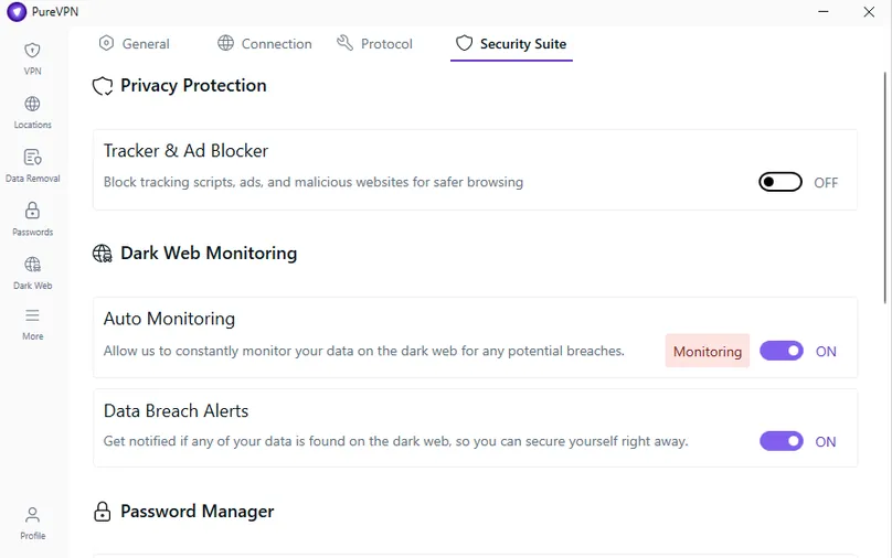PureVPN in-app screenshot of Security Suite settings