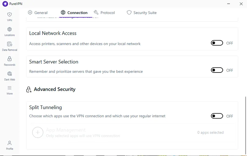 PureVPN in-app screenshot of split tunneling settings