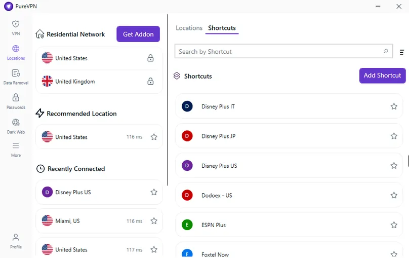 PureVPN in-app screenshot of Shortcuts feature