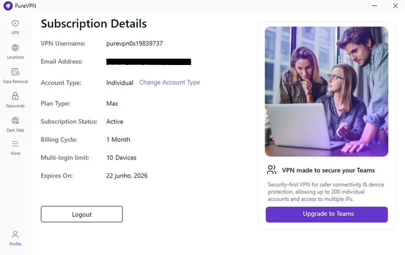 PureVPN in-app screenshot of subscription details