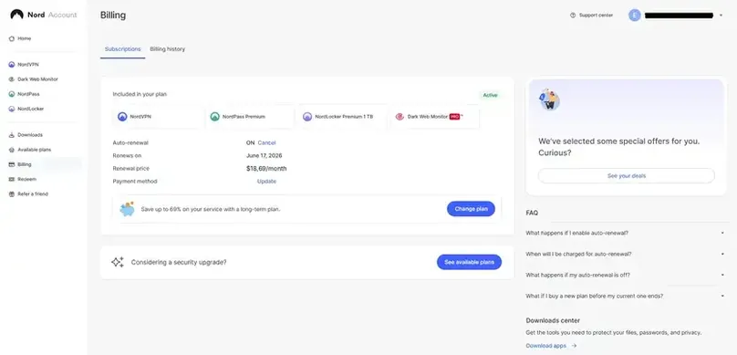 screenshot-nordvpn-dashboard-do-plano.webp - NordVPN billing dashboard screenshot with plan and renewal information