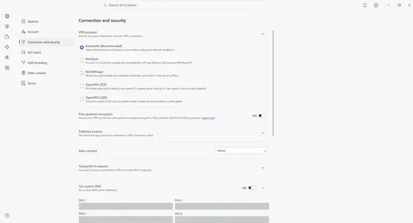 screenshot-nordvpn-in-app-connectionandsecurity-settings.webp - NordVPN Windows app connection and security settings screenshot