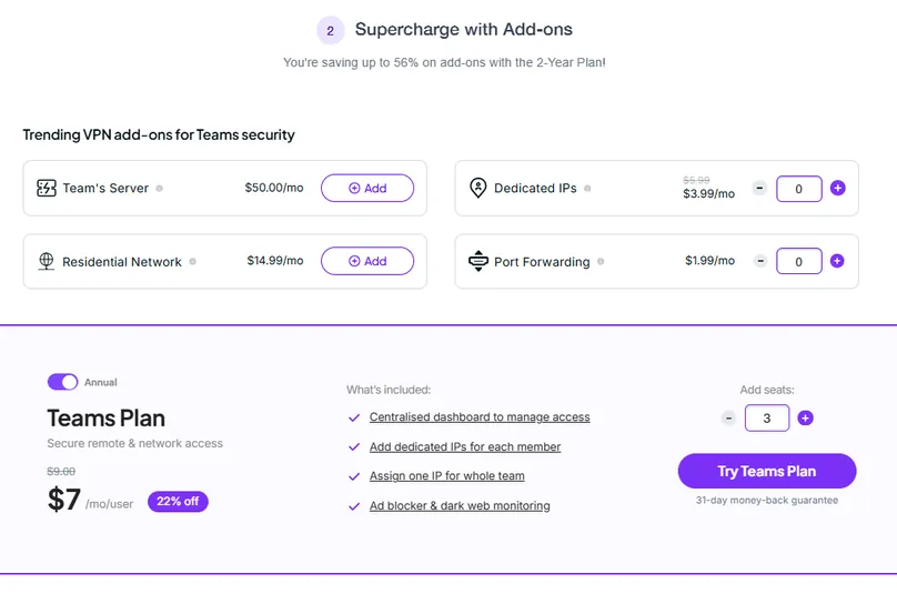 PureVPN add-ons pricing page screenshot