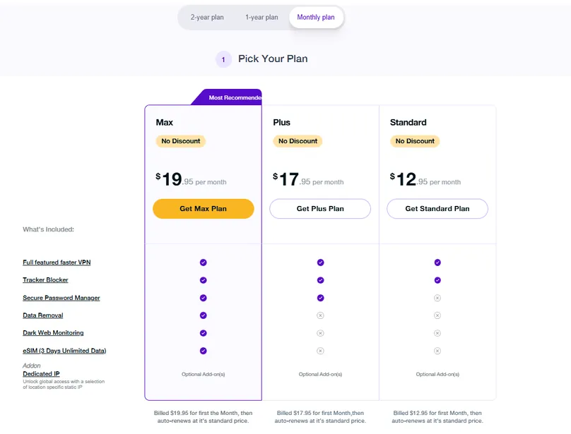 PureVPN pricing page in USD