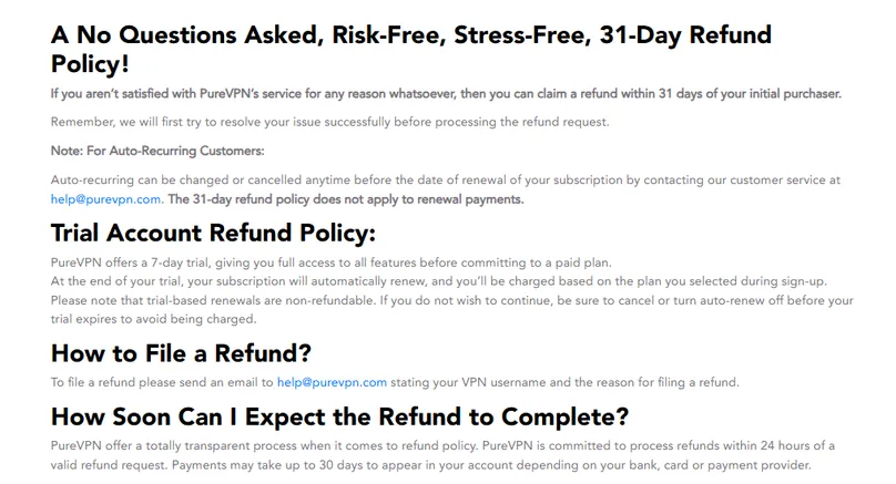 PureVPN refund policy page screenshot