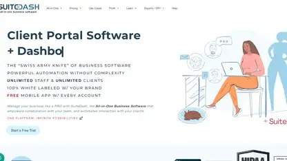 SuiteDash homepage screenshot showing its all-in-one business software and client portal positioning
