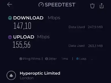 Test PIA VPN ON UK streaming optimized speed test screenshot