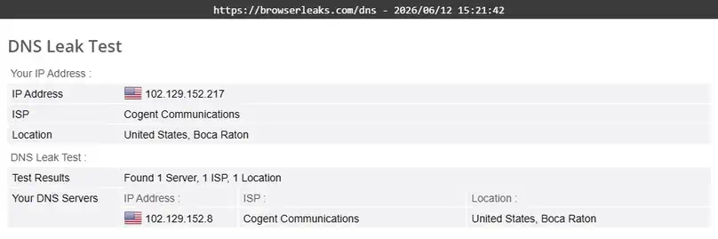 CyberGhost VPN DNS leak check during ReviewsAlly testing