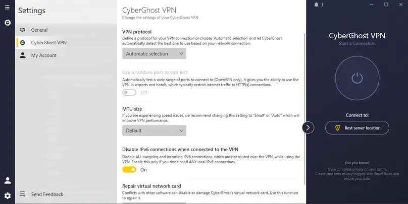 CyberGhost VPN advanced settings reviewed by ReviewsAlly
