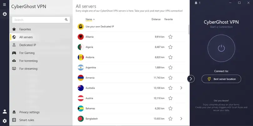 CyberGhost VPN all servers list in the Windows app