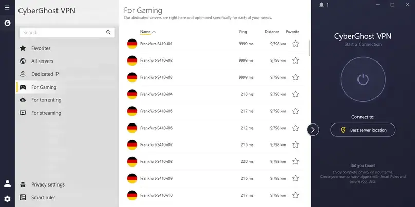 CyberGhost VPN gaming servers list in the Windows app