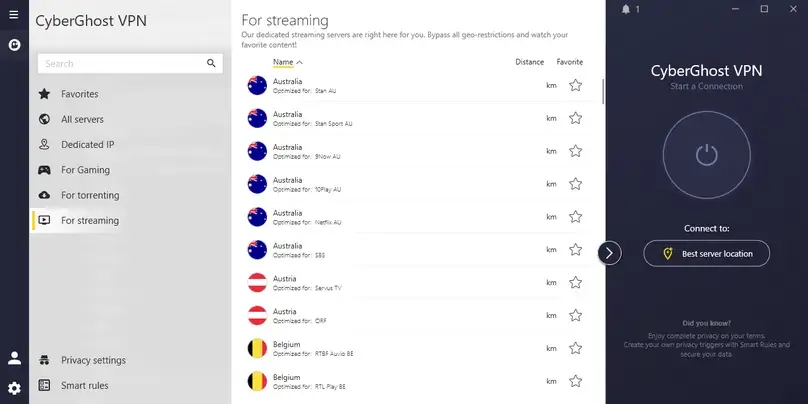 CyberGhost VPN streaming-optimized server list reviewed by ReviewsAlly