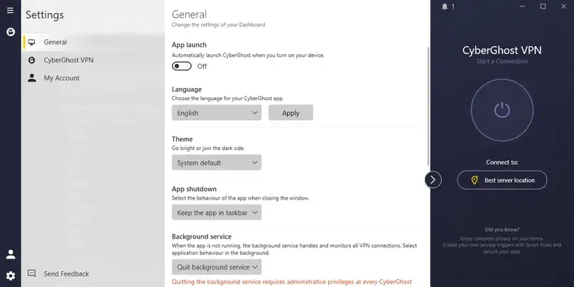 CyberGhost VPN Windows app general settings reviewed by ReviewsAlly