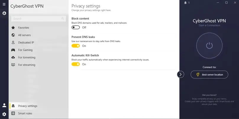 CyberGhost VPN automatic kill switch and Content Blocker settings