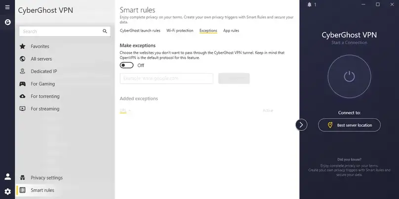 CyberGhost VPN Smart Rules exceptions for website-based split tunneling