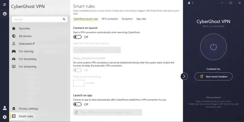 CyberGhost VPN Smart Rules settings in the Windows app