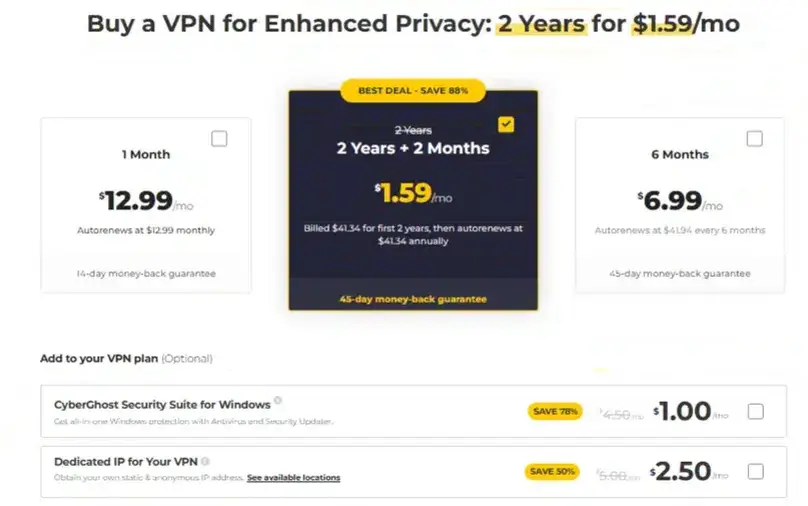 CyberGhost VPN pricing page in USD reviewed by ReviewsAlly