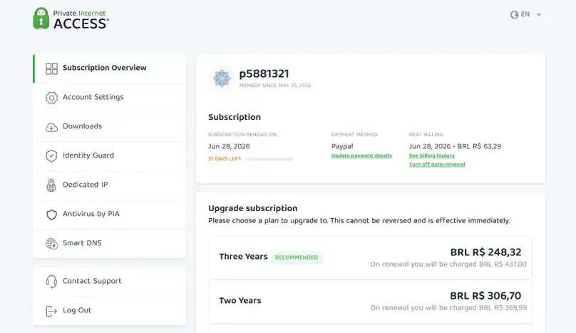 PIA account dashboard screenshot