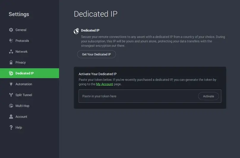 PIA in-app dedicated IP settings screenshot