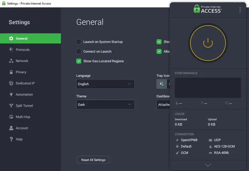 PIA Windows app home screenshot