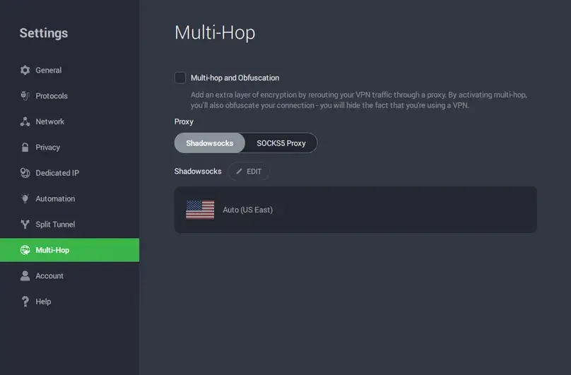 PIA in-app multi-hop settings screenshot