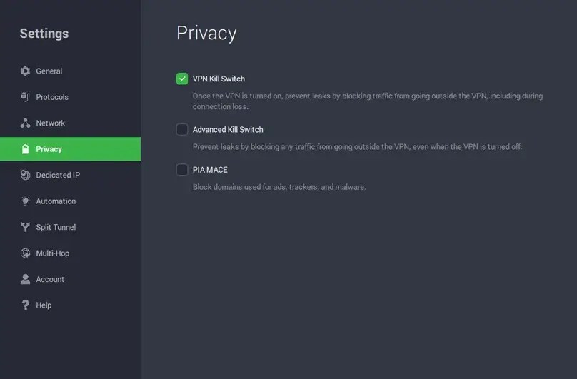 PIA in-app privacy kill switch and MACE settings screenshot