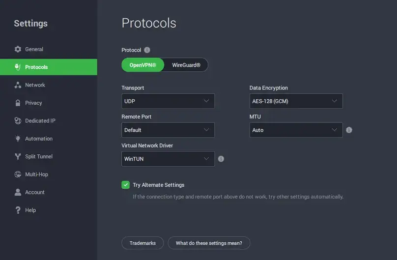 PIA in-app protocol settings screenshot