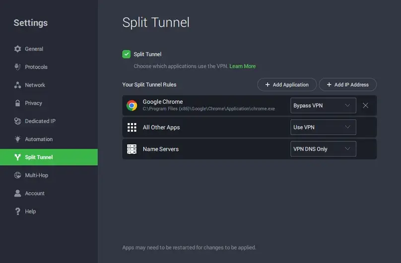 PIA in-app split tunneling settings screenshot