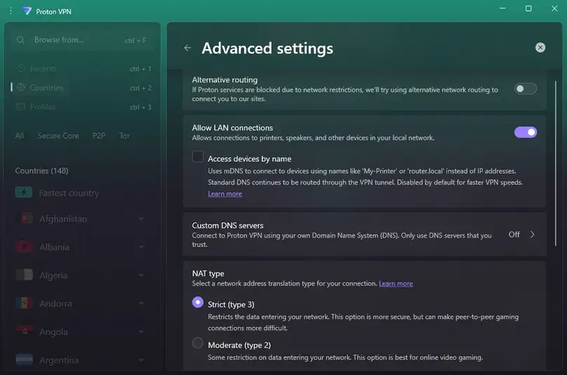 Proton vpn screenshot in app advanced settings