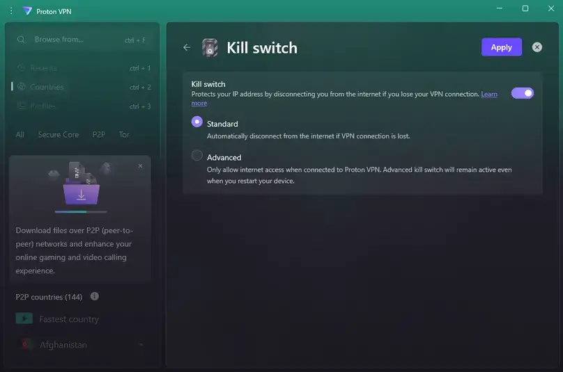 Proton vpn screenshot in app kill switch settings
