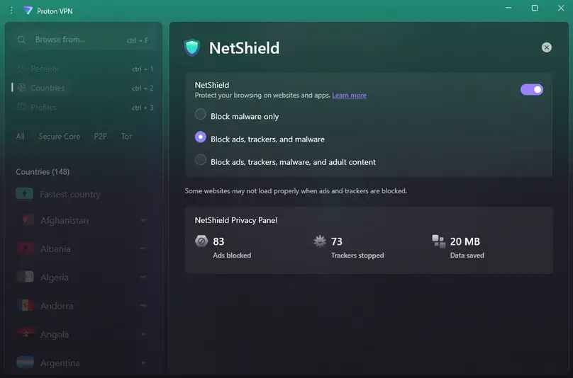 Proton vpn screenshot in app netshield settings and stats