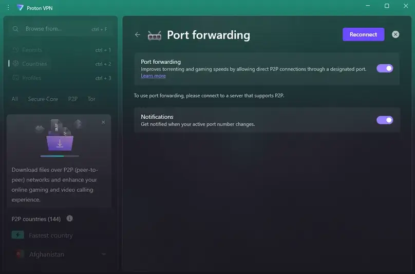 Proton vpn screenshot in app port forwarding settings