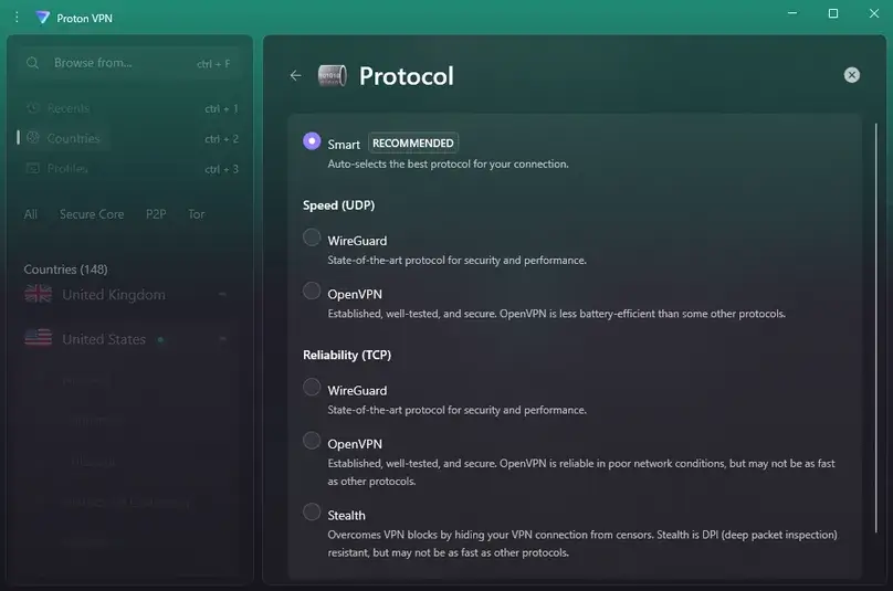 Proton vpn screenshot in app protocols settings