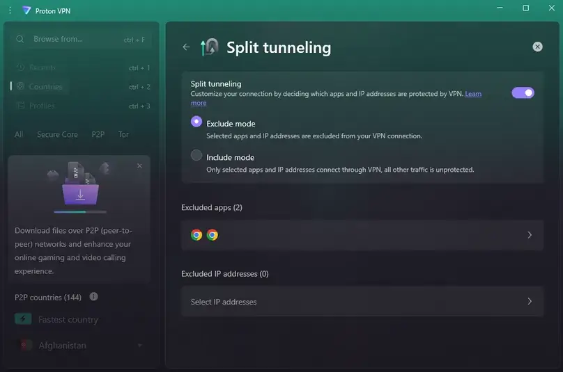 Proton vpn screenshot in app split tunneling settings