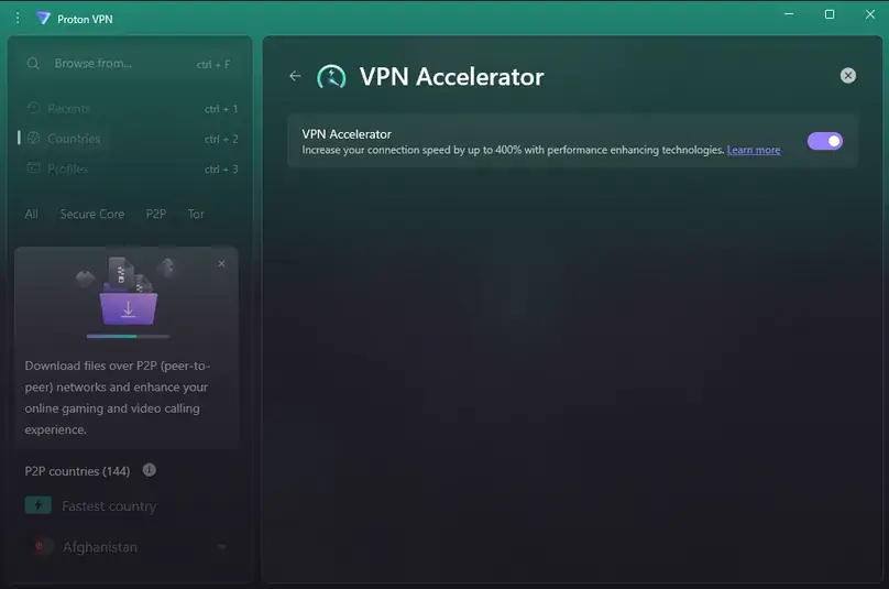 Proton vpn screenshot in app vpn accelerator settings