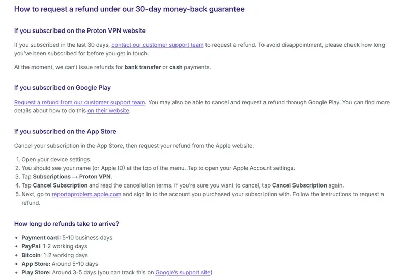 Proton vpn screenshot refund cancellation page