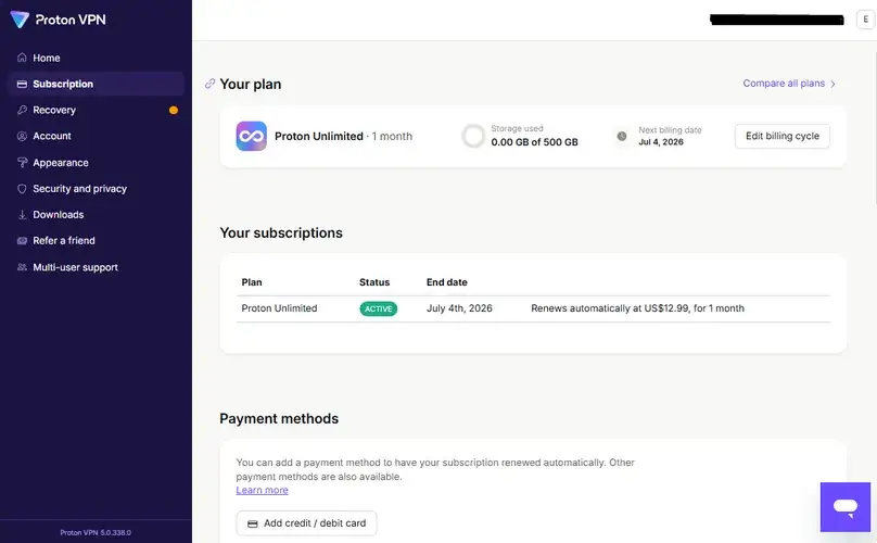 Proton vpn screenshot subscription billing page