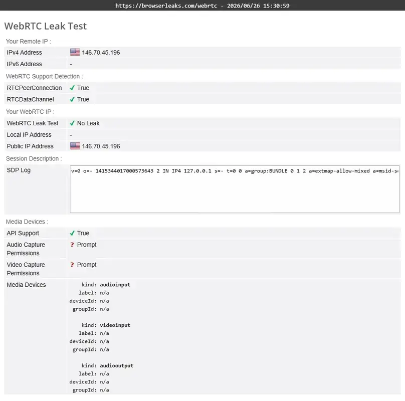 Surfshark WebRTC leak check showing VPN IP during ReviewsAlly testing