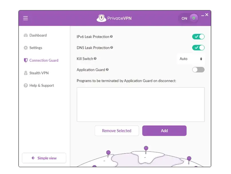 PrivateVPN Connection Guard and Application Guard settings