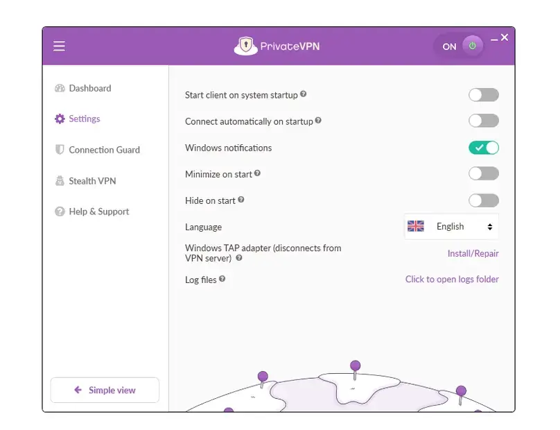 PrivateVPN Windows app settings reviewed by ReviewsAlly