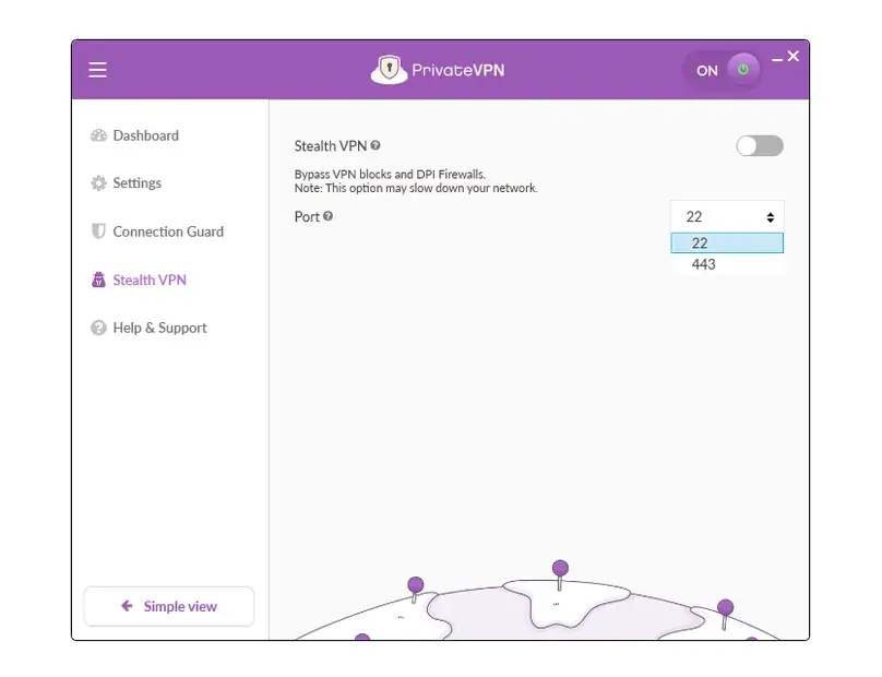 PrivateVPN Stealth VPN settings in the Windows app