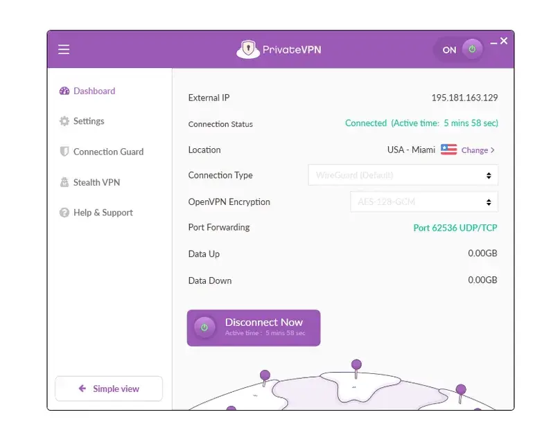 PrivateVPN Windows app connected dashboard